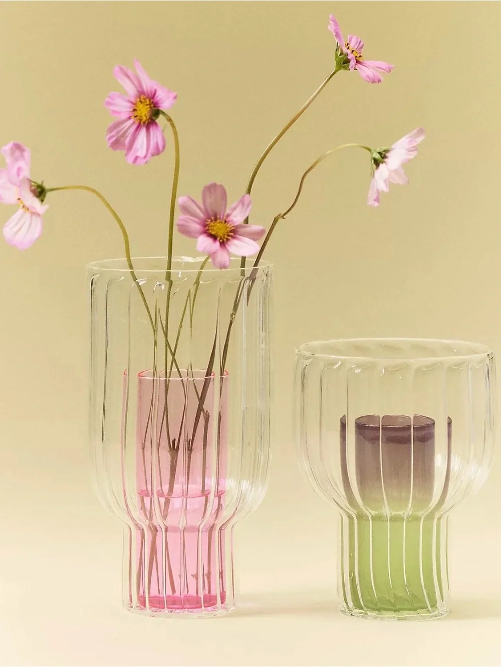 Anthropologie Lucia Neon Glass Vase Fluted Clear Outer Green & Purple Inside NWT